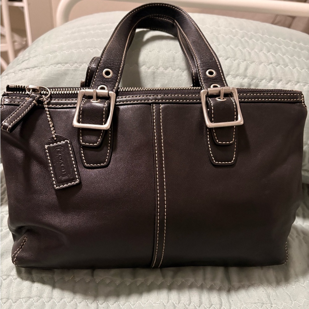 Coach black Leather White Contrast Stitching bag.
